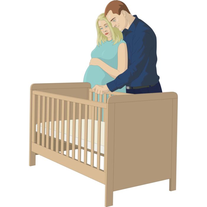 Couple buying a baby cot.