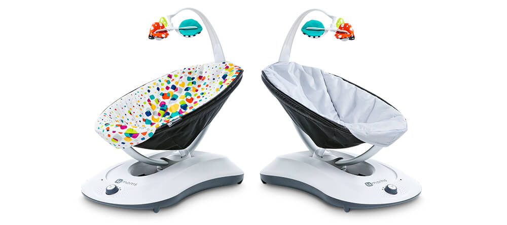 4moms rockaRoo bouncer review - plain and patterened covers shown