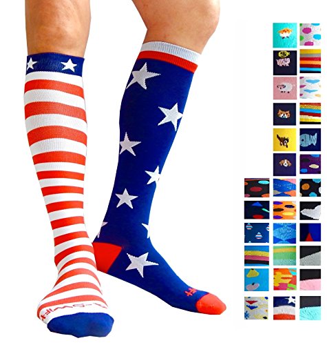 Imagem das Meias de Compressão (1 par) para Mulheres Homens por A-Swift - Aptidão Atlética Graduada para Correr, Enfermeiros, Viagens de Voo, Maternidade em Esqui - Recuperação da Resistência (Stars Stripes, L/XL)