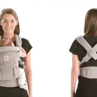image of front and back of mom wearing the ergo baby omni 360 baby carrier