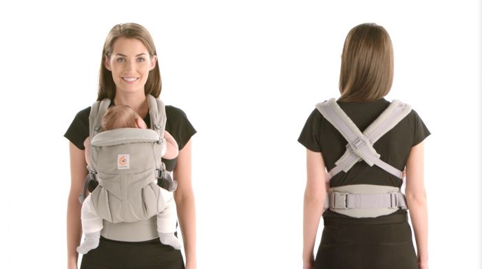 image of front and back of mom wearing the ergo baby omni 360 baby carrier