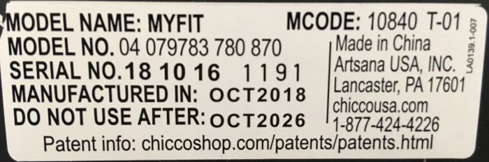 Chicco MyFit car seat expiration date label