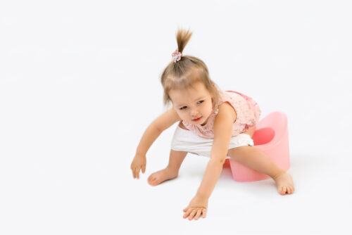 Little girl sits on potty with her panties down