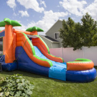 inflatable water slide in a backyard
