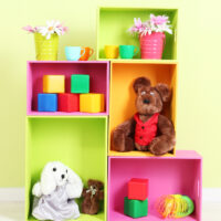 colorful toys organized on bright shelves
