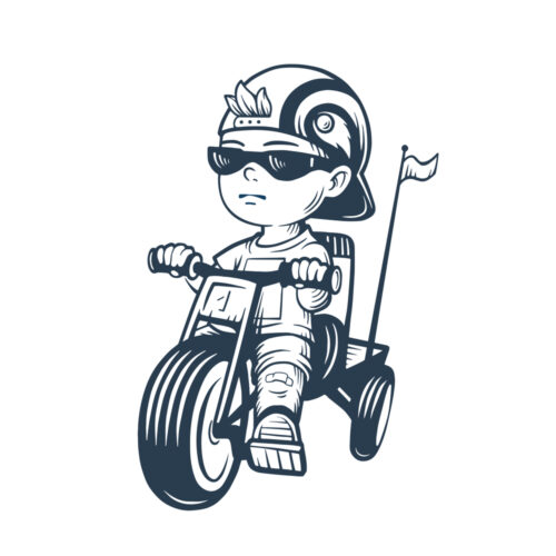 illustration of a little boy riding a big wheel bike