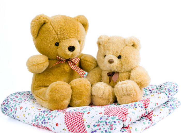 two teddy bears sitting on a baby quilt