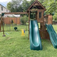 outdoor wooden swing and double slide play set